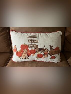 "Pumpkin Patch Crew" Throw Pillow Embroidered Dogs Pumpkins Cart 13"x19"